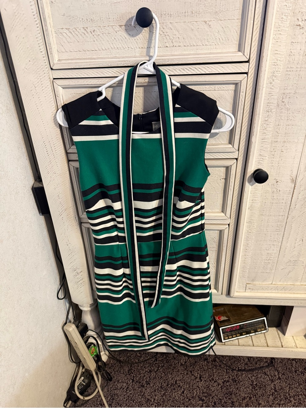 Emma & Michele Green and Black Striped Sleeveless Tie-Neck Dress
